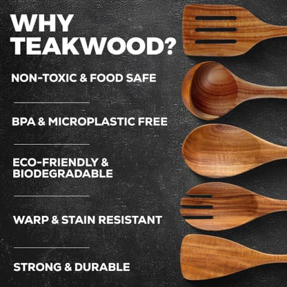 Zulay Kitchen Extra-Large 5-Piece Wooden Spoon Set - Smooth Teak Cooking Utensils - Comfort-Grip Non-Stick Turner, Spatula, Skimmer, Fork, Serving Spoon - size: 5 Piece | Large