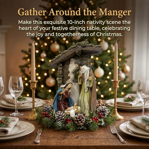 10 Inch Catholic Holy Family Statue, Nativity Scene Indoor, Joseph, Mary, & Jesus, Resin Figurine with Stable Backdrop, Hand-Painted Tabletop Decoration for Home, Traditional Christian Religious Gift