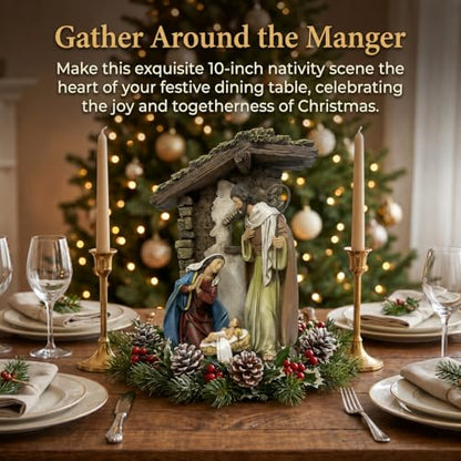 10 Inch Catholic Holy Family Statue, Nativity Scene Indoor, Joseph, Mary, & Jesus, Resin Figurine with Stable Backdrop, Hand-Painted Tabletop Decoration for Home, Traditional Christian Religious Gift