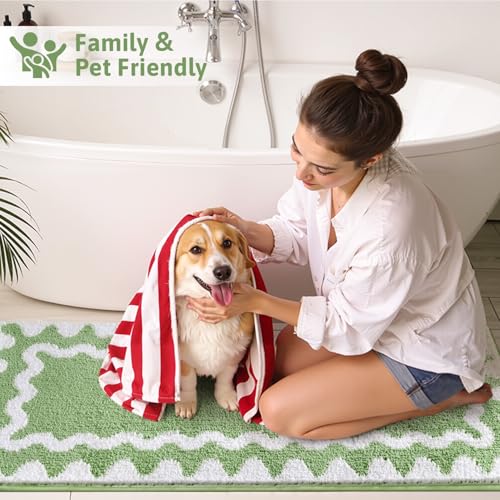 Findosom Bathroom Rugs Sets 5 Piece, Absorbent Soft Non-Slip Bath Rug Set | Washable Microfiber Shaggy Bath Mat Set with Bathroom Runner Rug, U-Shaped Toilet Rugs, Shower Rug & Toilet Lid Cover, Green - color: Green & White, size: 18"x26"+20"x32"+20"x48"+
