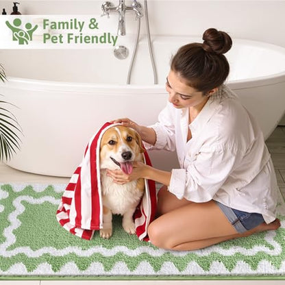 Findosom Bathroom Rugs Sets 5 Piece, Absorbent Soft Non-Slip Bath Rug Set | Washable Microfiber Shaggy Bath Mat Set with Bathroom Runner Rug, U-Shaped Toilet Rugs, Shower Rug & Toilet Lid Cover, Green - color: Green & White, size: 18"x26"+20"x32"+20"x48"+