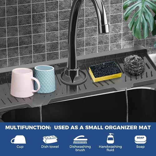 24" Splash Guard Plus Size Silicone Sink Faucet Drying Mat Handle Drip Catcher Tray Dish Sponge Holder Kitchen Accessories Protector Home Organization Gadgets Organizer - size: Grey: 23.4"x5.7"
