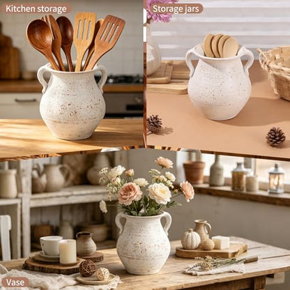 Rustic Ceramic Utensil Holder - 6.69 Inch Farmhouse Utensil Crock with Handles, Distressed Speckled Crock, Large Spatula Organizer for Cooking Tools, Kitchen Decor & Gift