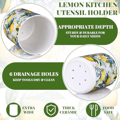 Lemon Ceramic Utensil Holder 6.3 Inch Rustic Kitchen Crock Summer Lemon Floral Design Countertop Storage Organizer for Spatula and Spoon Home Cooking Unique Gift Idea - style: Lemon