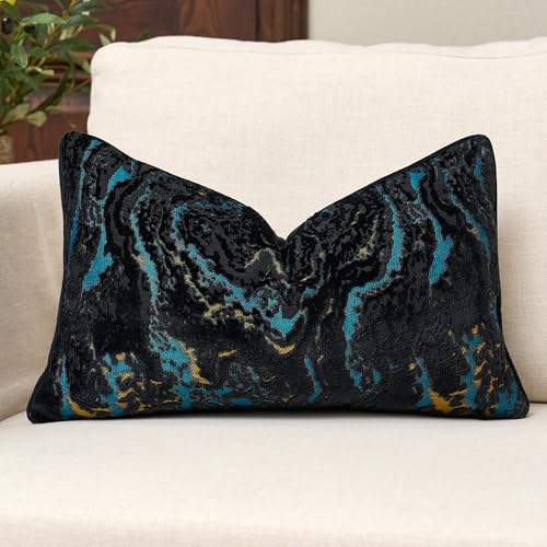 12x20 Pillow Cover, Black Velvet Lumbar Pillow Cover for Modern Decor | Neutral Patterned Decorative Accent for Couch Sofa Living Room Bedroom, Rectange Jacquard Cushion Cover with Luxury & Visual - color: Midnight Teal Gold, size: 20" x 12" (Pack of 1)