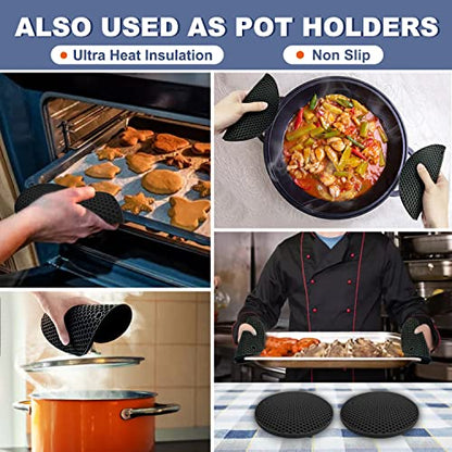 Silicone Trivet Mats - Walfos Heat Resistant Pot Holders Set, 4pcs 2 Sizes 7 Inch & 9 Inch, Multipurpose Non-Slip Hot Pads for Hot Pot, Hot Dishers, Jar Opener, Food Grade & BPA Free (Black) - style: 7+9in, 4 Black Round