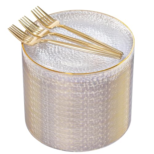 Rubtlamp 200 Pcs Clear Gold Dessert Plates with Forks, 6 inch Hammered Gold Small Disposable Plates, Fancy Appetizer Platos Include 100 Cake Plate,6 inch 100 gold Forks for Birthday, Wedding, Teatime - color: Clear gold
