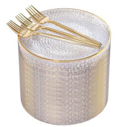 Rubtlamp 200 Pcs Clear Gold Dessert Plates with Forks, 6 inch Hammered Gold Small Disposable Plates, Fancy Appetizer Platos Include 100 Cake Plate,6 inch 100 gold Forks for Birthday, Wedding, Teatime - color: Clear gold
