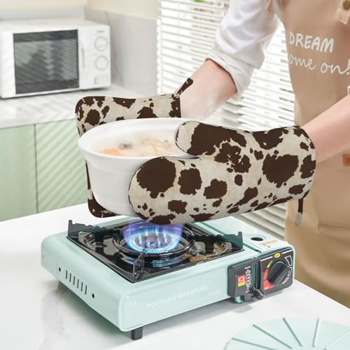 Brown Cowhide Oven Mitts and Pot Holders Sets Silicone Brown Cow Print Kitchen Mitts Cowhide Skin Pattern Potholders Heat Resistant 4Pcs Oven Gloves Hot Pads for Kitchen Baking Cooking - color: Brown Cow Print