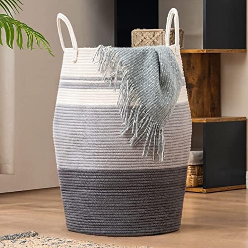 Extra Large Laundry Hamper Basket 105L Woven Blanket Basket, Grey | Tall Clothes Hamper, Rope Wicker Laundry Basket, Storage Basket for Toys, Dirty Cothes in Bedroom, Living Room Organizer - color: Grey & White, size: 105L