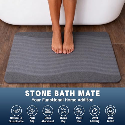 Stone Bath Mat, Diatomaceous Earth Shower Mat, Fast-Drying Bathroom Floor Mat, Absorbent Non-Slip Diatomite Mats for Bathtub, Grey Wave - color: Wide Wave-24*16-1 Pack