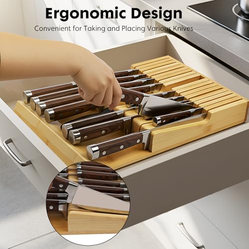 Bamboo Kitchen Drawer Knife Holder, In-drawer Knife Block, Knife Drawer Organizer fit for 16 knives and 1 steel sharpening | Compact design,17 Slots, Thicker Base Board, Large Drawer Knife Storage For Steak, Paring, Bread Knives, Sharpening Steel - size: