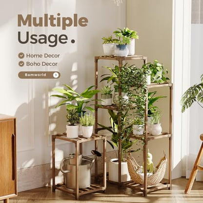 Bamworld Plant Stand Indoor Corner Plant Shelf Wood Plant Holder | for Multiple Plants Tall Flower Stands Plants Table Rack Garden Patio Lawn Window 03H, Brown