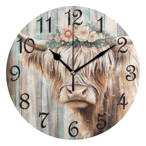 Oil Highland Cow Flowers Head Round Wall Clock Silent Non Ticking Bathroom Clocks 10 Inch Battery Operated Clock for Kitchen Living Room Bedroom Home Decor - color: A004