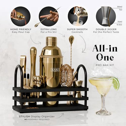 BARE BARREL® Mixology Bartender Kit Bar Set | 14-Piece Cocktail Shaker Set | Martini Barware Mixing Tools for Home Bartending | 35 Recipe Cards | Gift Set (24oz Cobbler Shaker, Gold/Black) - color: Gold/Black