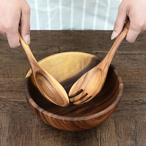 Wooden Salad Servers, 10.2" Acacia Wood Salad Fork & Spoon for Serving, Olive Wood Salad Serving Utensils Set of 2, Teak Salad Tongs for Kitchen