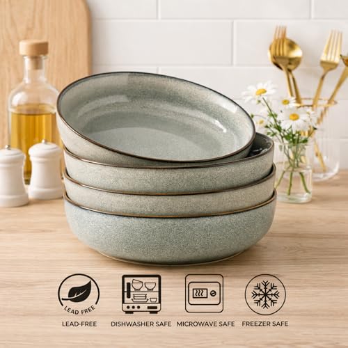 GBhome 8.75'' Large Ceramic Pasta Bowls, 38oz Stoneware Pasta Serving Bowls Set of 4 for Kitchen, Wide Bowls for Fruit,Pasta,Salad,Oatmeal,Meal, Microwave Safe, Reactive Glaze-Green Wheat - color: Green Wheat