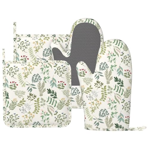 Wildflowers Herbs and Leaves Oven Mitts and Pot Holders Sets Silicone Beige Floral Kitchen Oven Mitts Hot Pads Heat Resistant Potholders Kitchen Mitts Set for Baking BBQ Cooking - color: Beige