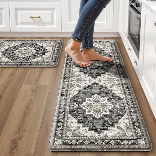 Boho Kitchen Mats for Floor 2 Piece Set Anti Fatigue Cushioned PVC Kitchen Rugs Non Slip Waterproof Farmhouse Mats 2/5 Inch Comfort Standing Mat for Laundry, 17.3"x47"+17.3"x28", Black Brown Grey - color: Black Brown Grey, size: 17.3"x28"+17.3"x47"