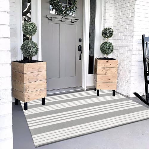 Entryway Rug 3'x5' Outdoor Rugs Front Door Mat Outside Entrance Decor | Cotton Woven Front Door Mat Outdoor Doormat Machine Washable Grey & White Striped Entry Porch Rugs for Farmhouse/Home Decor - color: Gray/White Stripe, size: 3' x 5' (Rectangular)