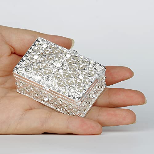 Silver Trinket Box Jewelry Box with Crystals Small Trinket Boxes Hinged Gift Ring Holder for Girls or Women - color: Silver_6