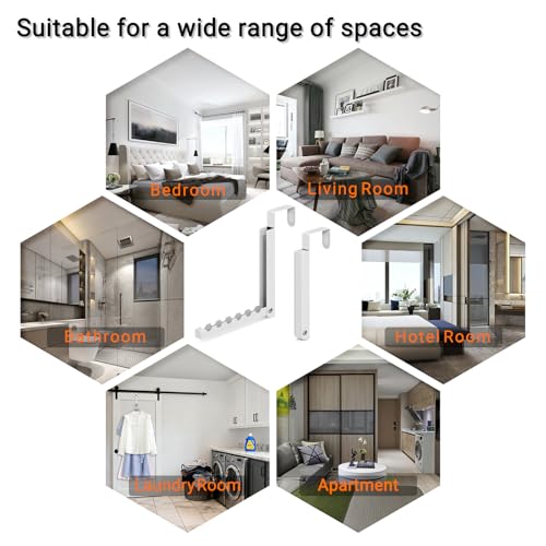2 Pack Over The Door Hooks, 6 Hooks Foldable Door Hanger Clothes Drying Rack, Portable Space Saving Organizer for Entryway Bedroom Laundry Room Travel, White
