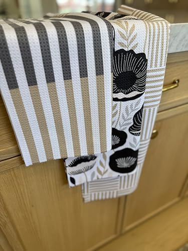 Kitchen Towels, Dish Towels for Kitchen, 3 Pc Kitchen Towel Set | Microfiber Waffle Towels, 16 x 26 inches, with Hanging Loops, Reusable Tea Towels, Cute Kitchen Towels - 3 Pack - color: Tan/ Gray