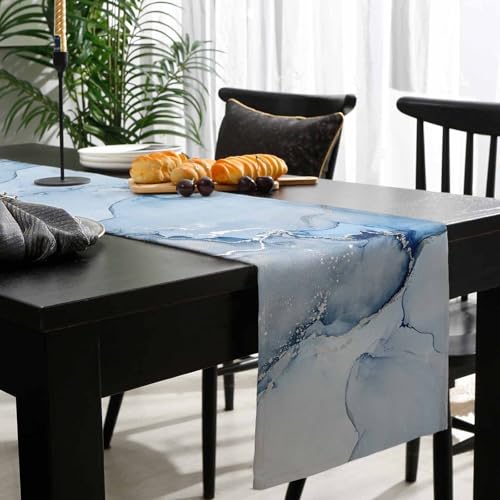 Marble Table Runner 72 Inches Long - Ombre Blue Marble Grey Farmhouse Modern Kitchen Dining Burlap & Cotton Tablerunner for Small/Round/Square/Coffee/Dining Table Party Home Dﾃｩcor 18x72 - size: 18 x 72 In