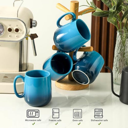 HASENSE 15oz Large Ceramic Mug Set, 4-Piece Blue Ombre Coffee Cups with Handle – Microwave & Dishwasher Safe for Cappuccino Latte Tea, Housewarming Present - color: GradationBlue, size: Set of 4