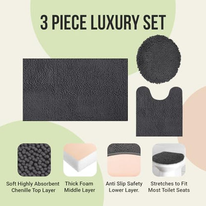 Standard 3pc Non-Slip Shaggy Chenille Bathroom Mat Set, Includes 24"x21" U-Shaped Contour Toilet Rug, 34"x21" Bathmat and 1 Toilet Lid Cover, Charcoal Gray - color: Charcoal Gray, size: 24''x21’’, 34’’x21’’ and TLC (Set)