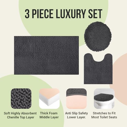 Standard 3pc Non-Slip Shaggy Chenille Bathroom Mat Set, Includes 24"x21" U-Shaped Contour Toilet Rug, 34"x21" Inches Bathmat and 1 Toilet Lid Cover, Beige - color: Beige, size: 24''x21’’, 34’’x21’’ and TLC (Set)