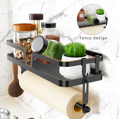 Taozun Paper Towel Holder with Shelf, Kitchen Paper Holder Spice Rack Black Paper Towel Roll Holder RV Paper Towel Rack with 4 Hooks(2 Installation Methods - Self-Adhesive and Drilling) - style: SP004 Black