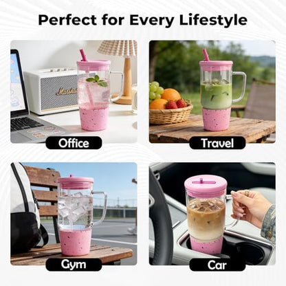 40oz Glass Tumbler with Flip Straw Lid, Handle, Silicone Sleeve, Pink | Leakproof Lid, Fits Car Cup Holder Glass for Iced Coffee, Water, Cold Drinks, Travel, Outdoor, Partys&Home - color: Pink