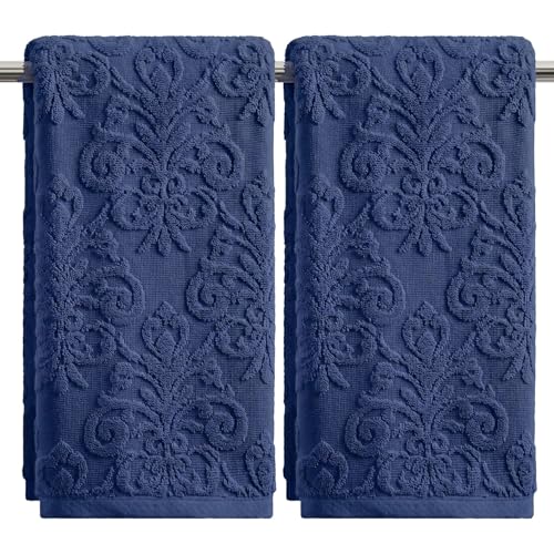 Artoid Mode 2 Pcs Navy Blue 3D Vintage Floral Hand Towels for Bathroom, 100% Cotton Soft Absorbent Bathroom Decor Towels, 13.7 x 29.5 Inch - color: Navy Blue, size: 13.7" x 29.5", 2PCS