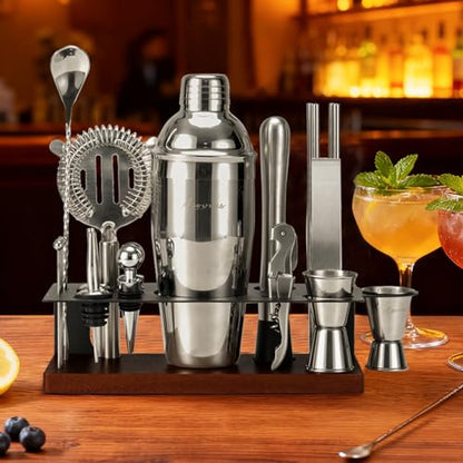 23-Piece Cocktail Shaker Set with Stand, 304 SS, Bartender Kit Gift | Complete Home Bar Set: Leak-proof Shaker, Jigger, Muddler, 18/8 Steel, Gift for beginners, cocktail lovers & house parties - color: Chocolate