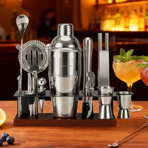 23-Piece Cocktail Shaker Set with Stand, 304 SS, Bartender Kit Gift | Complete Home Bar Set: Leak-proof Shaker, Jigger, Muddler, 18/8 Steel, Gift for beginners, cocktail lovers & house parties - color: Chocolate