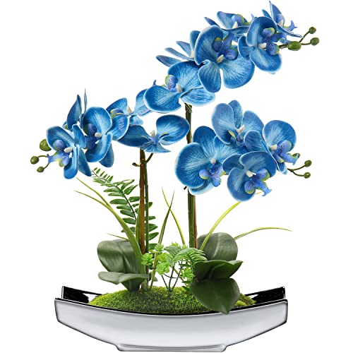 Orchids Artificial Flowers 15" Blue Phalaenopsis Orchid with Silver Pots Real Touch Faux Orchids for Home Office Bedroom Living Room Table Decoration, Briful - color: Blue#2