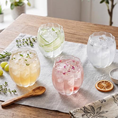Remerry 6 Pack Clear Stemless Glasses Petal Glass 12oz (350ml) Wine Glass Cup Hand Blown Drinking Glasses for Cocktail, Juice & Various Mixed Drinks for Galentine Wedding Party Reception Grand Event - color: Clear
