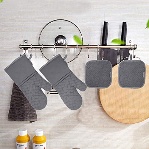 4Pcs Oven Mitts and Pot Holders Set, 572F Heat Resistant Oven Glove, Soft Cotton Lining with Non-Slip Surface for Kitchen Baking BBQ (Grey) - color: Gray