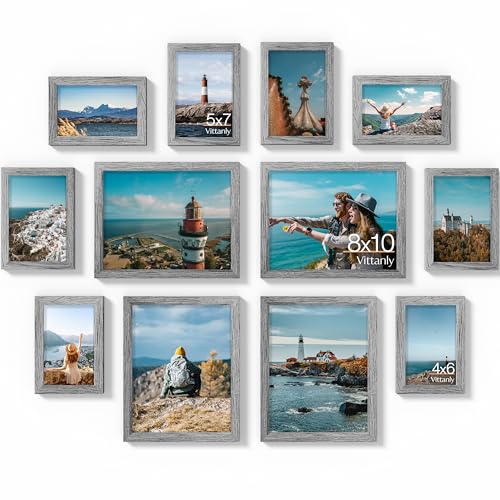 Vittanly 12 Pack Picture Frames Collage Wall Decor, Grey | Gallery Wall Frame Set: 4pcs 8x10, 4pcs 5x7 & 4pcs 4x6 Photos for Wall & Table, Picture Frames made of Engineered Wood - color: Grey