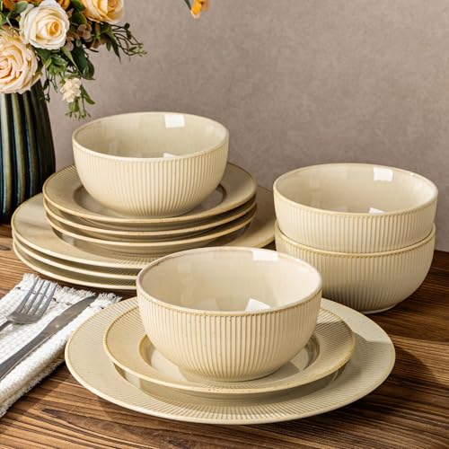 Ceramic Dinnerware Set for 4, 12-Piece Plates and Bowls Set | Lightweight Porcelain Dish Set, Scratch Resistant, Oven & Microwave & Dishwasher Safe, Cream Latte - color: Cream Latte, size: Set (12pcs)