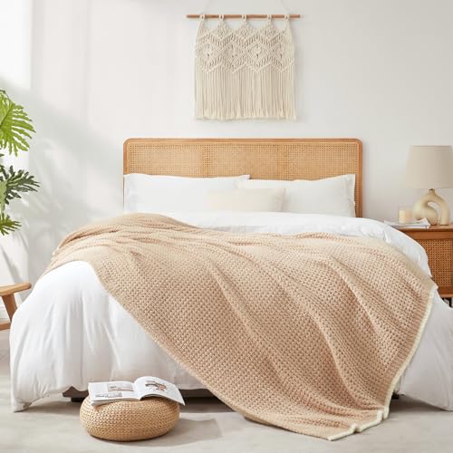 Snuggle Sac Beige Waffle Bedding Blankets Queen Size 90x90 inches, Reversible Microfiber Fluffy Fuzzy Soft Throw Cozy Knit Blanket for Women Mothers Birthday Gifts - color: Waffle Beige, size: Queen(90"x90")