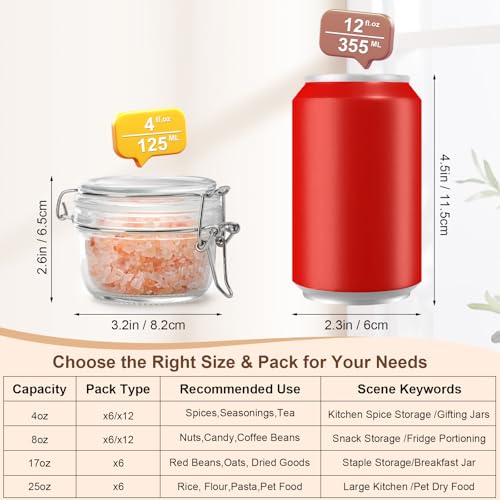 4oz Mini Airtight Glass Jars with Clamp Lid - Small Spice, Jam & Honey Jars for Kitchen Pantry Storage, Cute Clear Sauce Containers for Seasoning, Sugar, Salt, Wedding & Party Favors - size: 4 fl oz x12 - Round