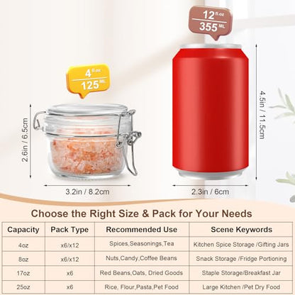 4oz Mini Airtight Glass Jars with Clamp Lid - Small Spice, Jam & Honey Jars for Kitchen Pantry Storage, Cute Clear Sauce Containers for Seasoning, Sugar, Salt, Wedding & Party Favors - size: 4 fl oz x12 - Round