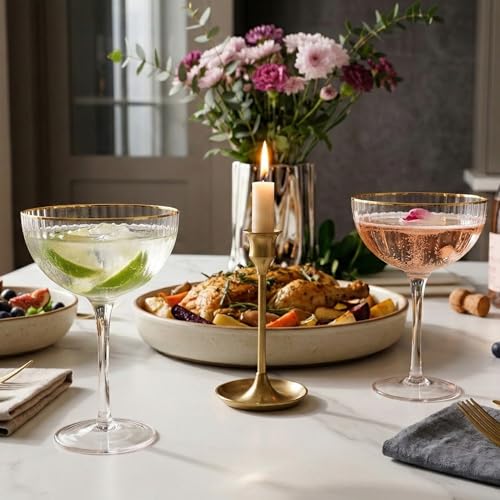 Royalrose Premium Cheerfull 10.7 oz Gold Rim Coupe Glasses Set of 4 | Vintage Gold Rim, Hand-Blown Fine Fluted Glass – Elegant Barware for Cocktails, Parties & Home Entertaining