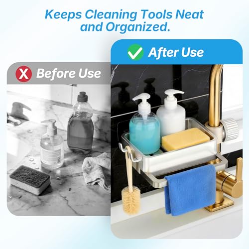 Sink Caddy Kitchen Sink Organizer, 360° Rotating Faucet Sponge Holder for Kitchen Sink with Pull-Out Drain Tray 3 Compartments Hanging Sink Caddy for Sponge Dish Brush Cloth,White