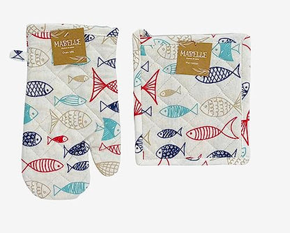 Summer Nautical Kitchen Pot Holder Oven Mitt Dish Towel Set: Coastal Ocean Sealife Navy White Red Fish Design, 5 pc Set (Fish) - color: Fish Set