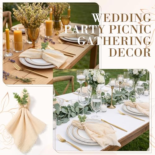 Sawysine 24 Pcs Beige Cloth Napkins with Rings Set 17" x 17" Boho Washable Cotton Dinner Napkins Wedding Eucalyptus Leaf Napkin Rings for Bridal Shower Birthday Party Anniversary Decoration