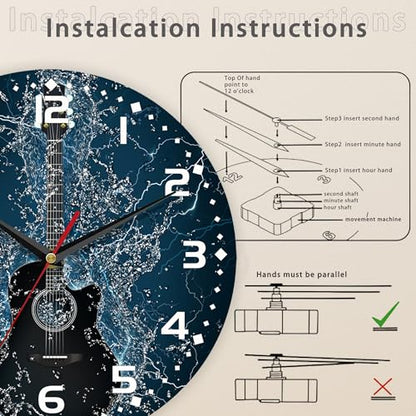Electric Guitar Wall Clock - 10 Inch Wooden Art Hanging Clock, Silent Non-Ticking, Battery Operated, Round Home Arabic Numeral Decorative - color: Electric Guitar