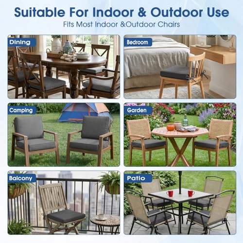 Outdoor Chair Cushions Set of 4, 19x19 Waterproof Patio Pads, Dark Gray | Fade resistant fabric with ties, handle and 3-inch foam for dining seats, decks, porches, gardens and hard seating - color: Dark Gray